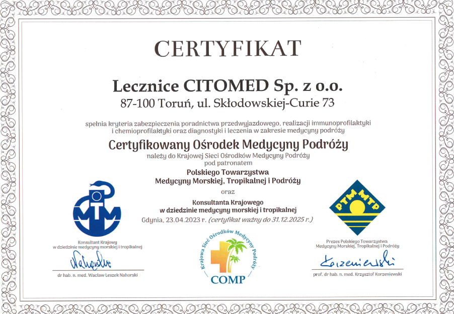 Certyfikat medycyny podróży